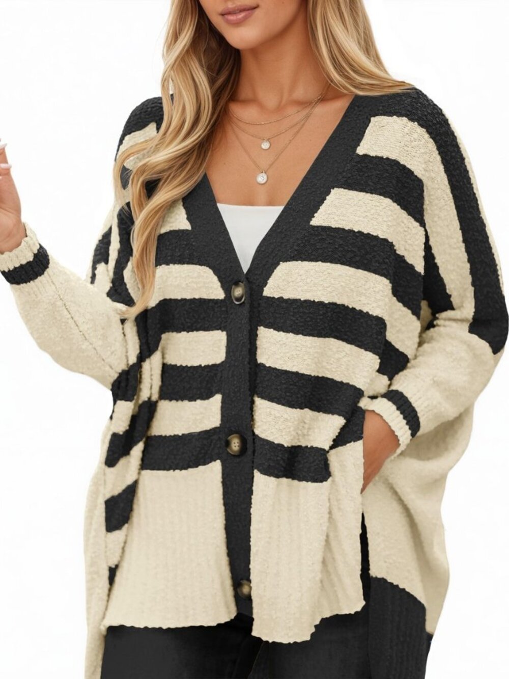 Womens Oversized Striped Cardigan Fuzzy Knit Fall Sweaters
